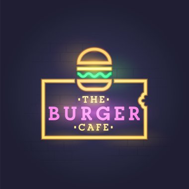 Burger neon ışığı, parlak tabela, hafif pankart. Hamburger logosu, amblem.