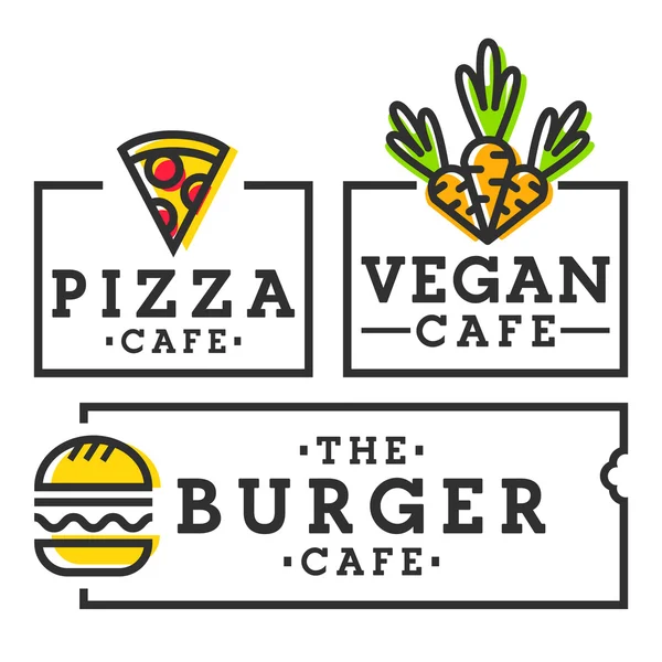 Burger kávézó. Pizza és vegán kávézó. Állítsa be a logó, embléma, címke — Stock Vector
