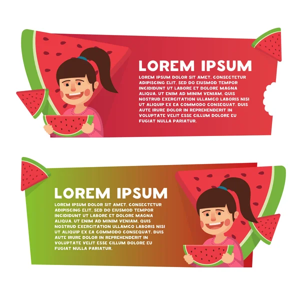 Due banner per il web design. Tema anguria. Carino bambina mangiare anguria . — Vettoriale Stock