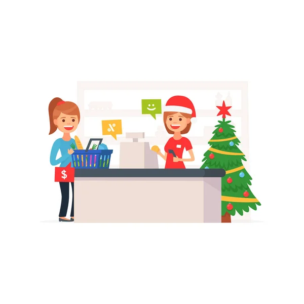 Linda tienda de supermercados. Supermercado de Navidad. Navidad en la tienda. Estilo de dibujos animados — Archivo Imágenes Vectoriales