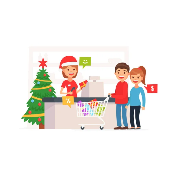 Cute supermarket store. Family shopping. Xmas in store. — Stock Vector