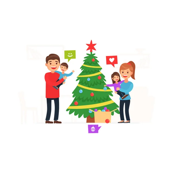 Frohe Weihnachten und Neues Jahr. Familie schmückt den Weihnachtsbaum. — Stockvektor