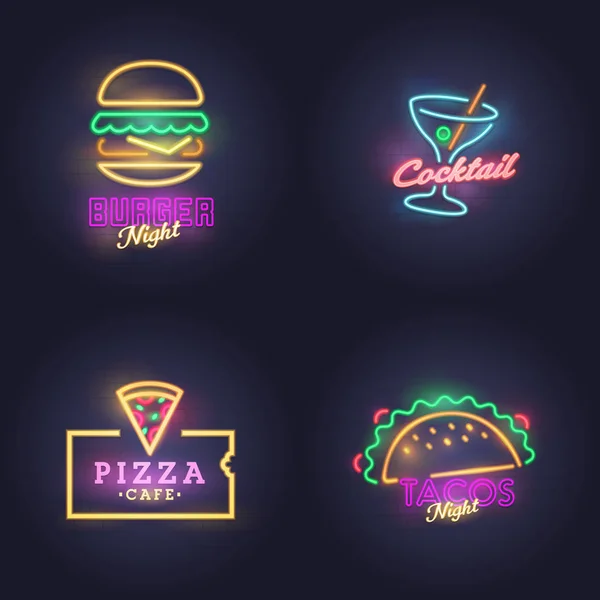 Burger, Cocktail, Nacos and Pizza neon sign. bright signboard. light banner. — Stock Vector
