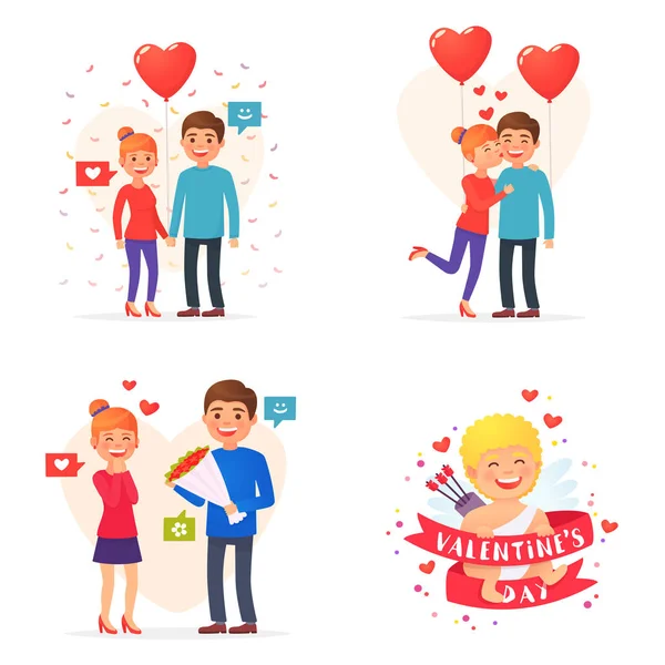 Set gens mignons thème Saint-Valentin. Couple avec coeur de ballon . — Image vectorielle