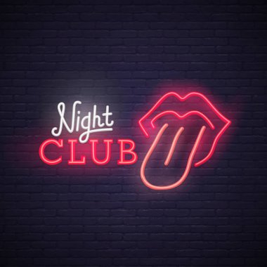 Açık ağız kırmızı kadın dudaklar ve dil ile. Neon tabela, parlak tabela.