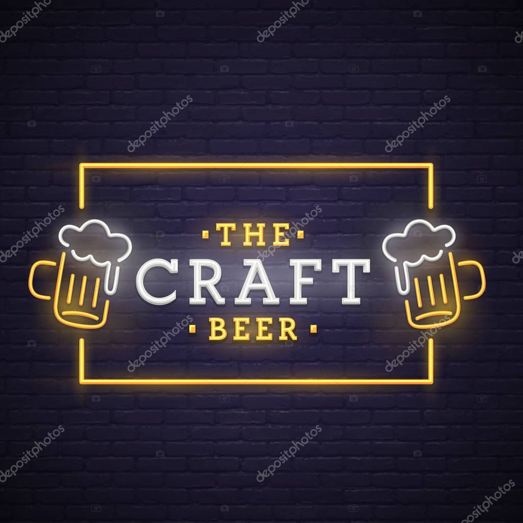 Beer neon sign, bright signboard, light banner. Beer logo, emblem