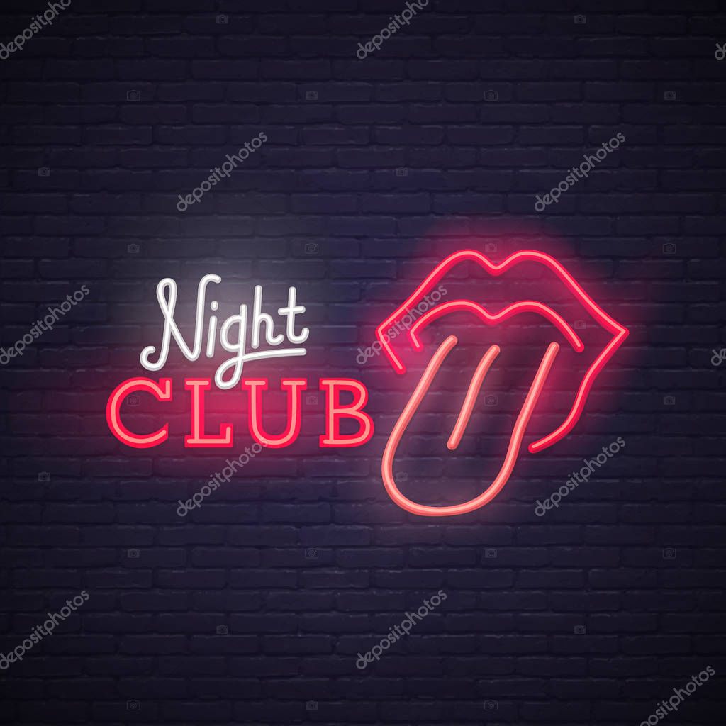 Open mouth with red female lips and tongue. Neon sign, bright signboard, light banner. Night club logo, emblem.