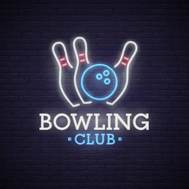 Neon tabela Bovling. parlak tabela, ışık afiş. Bowling club logo, amblem. 