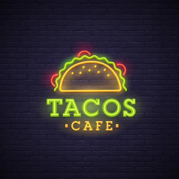 Tacos neon sign, bright signboard, light banner. Tacos logo, emblem — Stock Vector