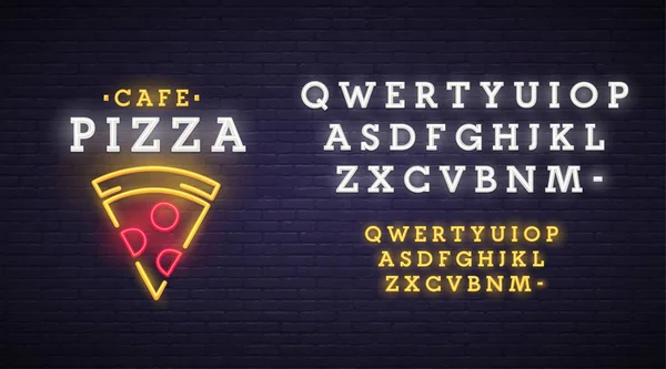 Pizza logo, godło. Pizza neon znak, signboard jasne, lekkie transparent. — Wektor stockowy