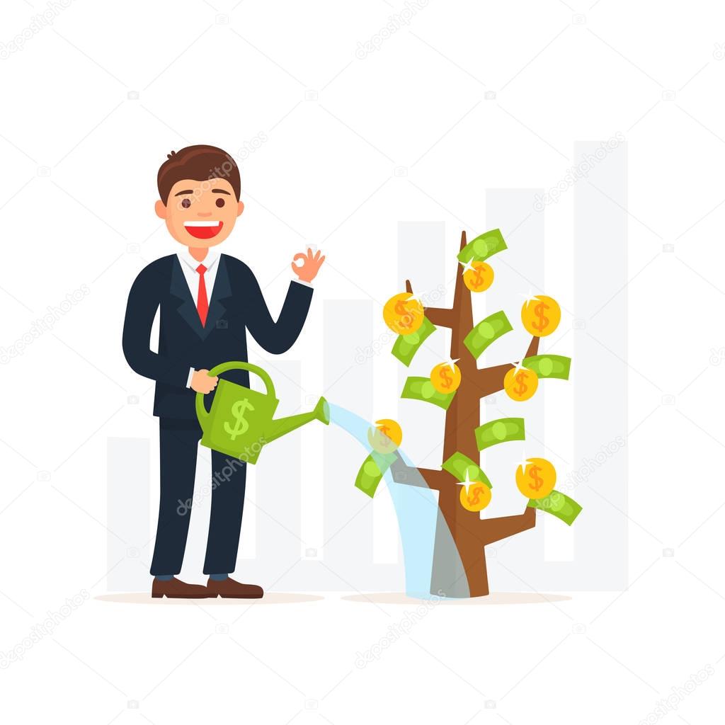 Business man watering money tree. Business growth concept.