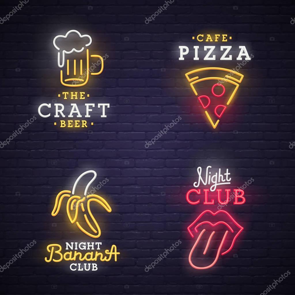 Set neon sign. Neon sign, bright signboard, light banner.