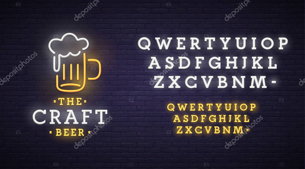 Beer neon sign, bright signboard, light banner. Beer logo, emblem. Neon sign creator. Neon text edit