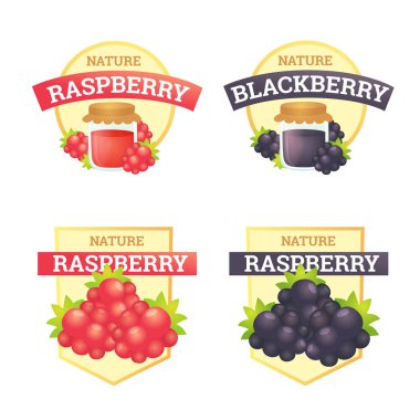 Etiket kümesi Ahududu ve böğürtlen reçeli. Vektör