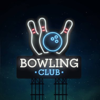 Bowling yol şarkı. Şehir işareti neon. Logo, amblem. Bovling neon tabela, parlak tabela, ışık afiş. 