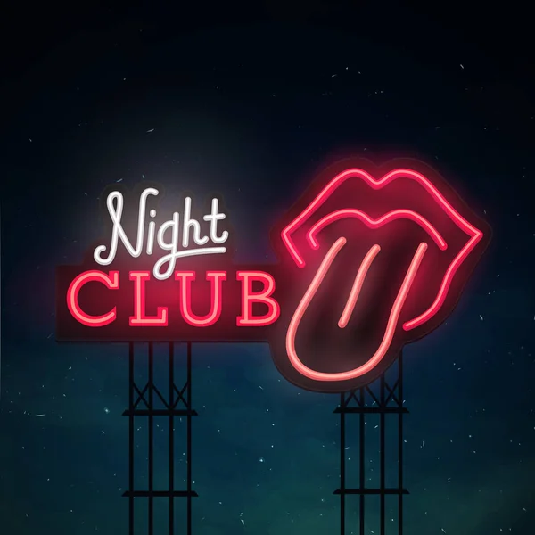 Night club road chanter. Panneau de ville néon. Logo, emblème. enseigne lumineuse, bannière lumineuse. Bouche ouverte avec lèvres féminines rouges et langue . — Image vectorielle
