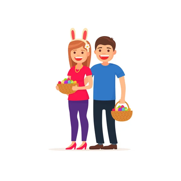 Nettes Paar. Ostertag. Mädchen und Mann halten Korb mit bemalten Eiern. — Stockvektor