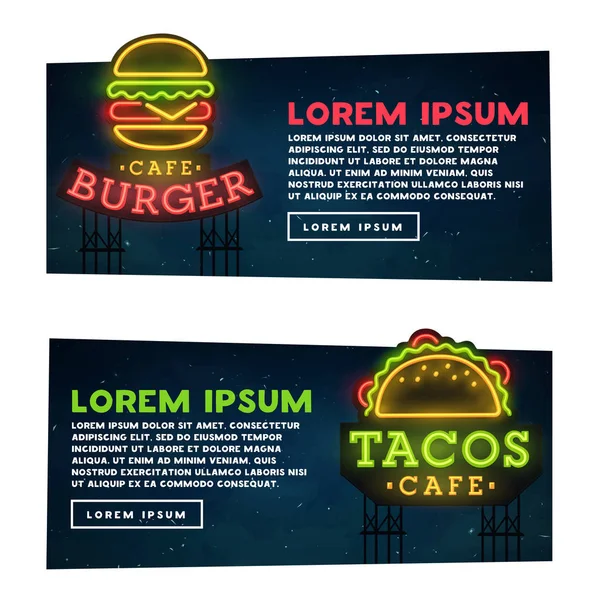Web banner. Burger και Tacos δρόμο τραγουδούν. Πόλη πινακίδα νέον, φωτεινή πινακίδα, ελαφρύ πανό. — Διανυσματικό Αρχείο