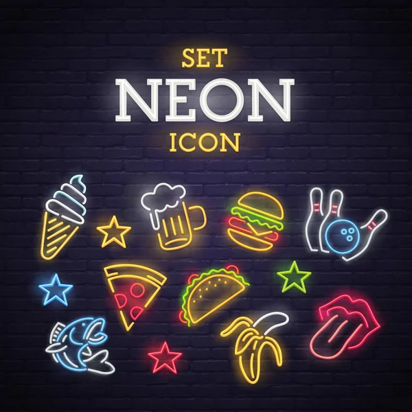 Définir l'icône néon. Panneau néon, panneau lumineux, bannière lumineuse . — Image vectorielle