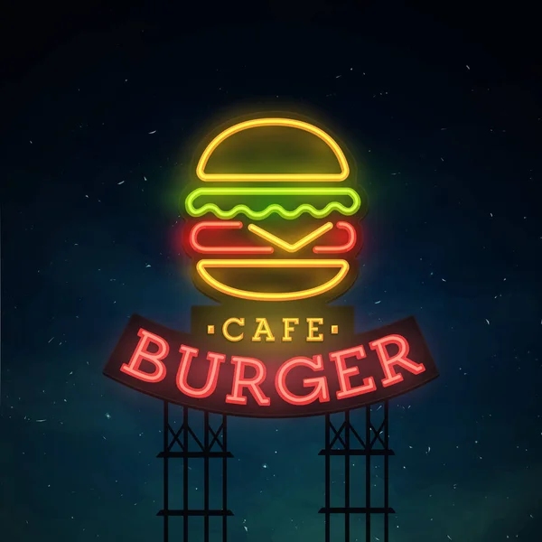 Burger road sing. City sign neon. Logo, emblem. Burger neon sign, bright signboard, light banner. — Stock Vector