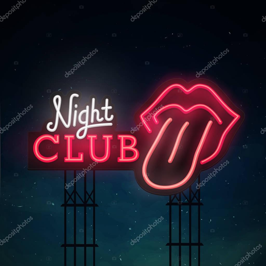 Night club road sing. City sign neon. Logo, emblem. bright signboard, light banner. Open mouth with red female lips and tongue.