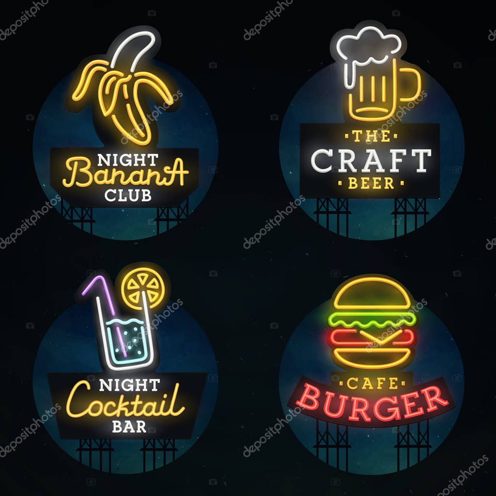 Set neon sign. Neon sign, bright signboard, light banner.