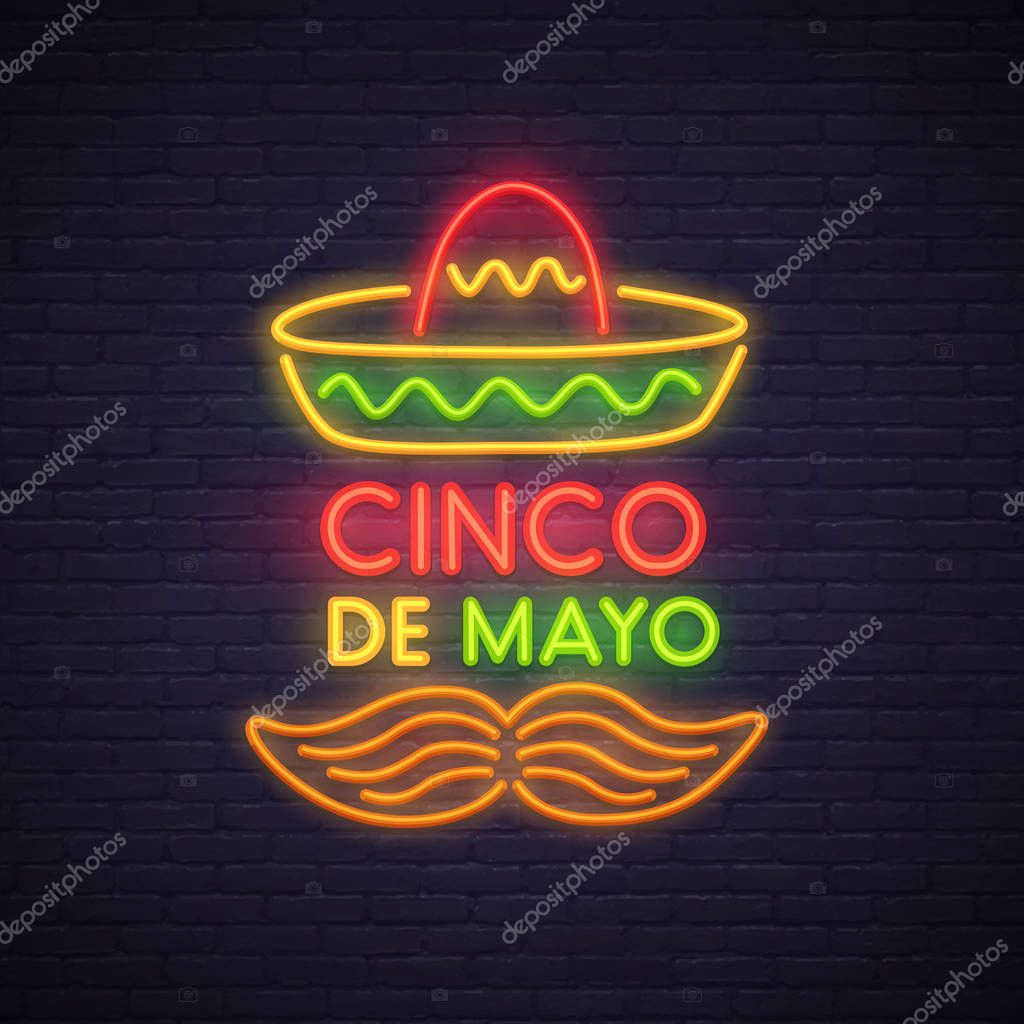 Cinco De Mayo neon sign, bright signboard, light banner. Mexico logo, emblem