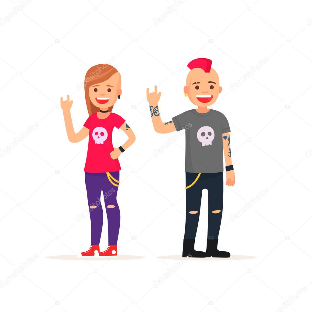 Cute man and girl rockers, panks. Vector illustration in cartoon style