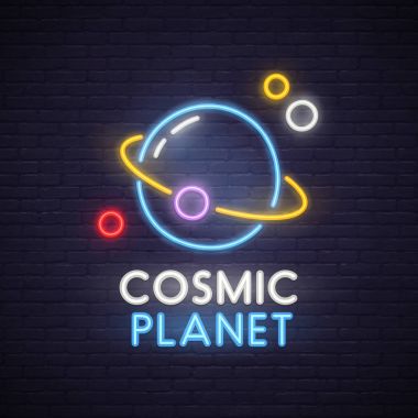 Kozmik neon ışığı, parlak tabela, hafif pankart. Uzay ve Gezegen amblemi