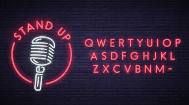 Stand Up neon tabela, parlak tabela, afiş ışık. Stand Up logo, amblem. Neon işareti yaratıcısı. Neon metin Düzenle.