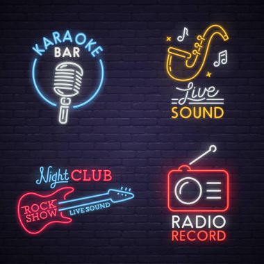 Ses neon tabela. Karaoke neon tabela. Gösteri neon tabela rock. Radyo neon tabela, parlak tabela, afiş ışık. Logo, etiket, amblemi