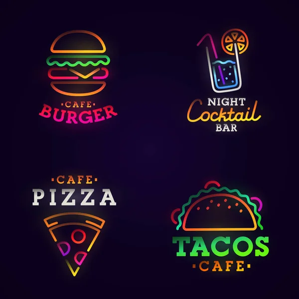 Hamburger, kokteyl, yemek, Pizza neon tabela, parlak tabela, afiş ışık. Logo, etiket, amblemi — Stok Vektör