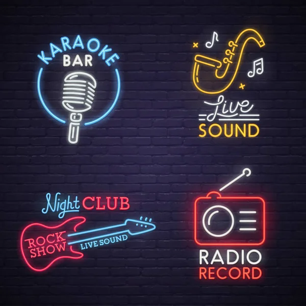 Sound neon sign. Karaoke neon sign. Rock Show neon sign. Radio neon sign, bright signboard, light banner. Logo, label, emblem — Stock Vector