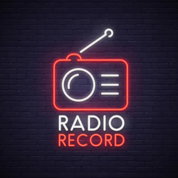 Radio Record neon teken. Lichtreclame, heldere uithangbord, lichte banner. — Stockvector