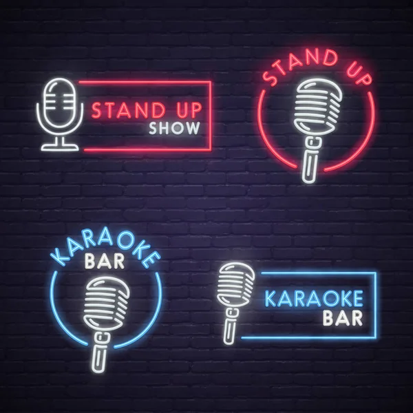 Stand Up i Karaoke bar neon znak. Neon znak, signboard jasne, lekkie transparent. — Wektor stockowy