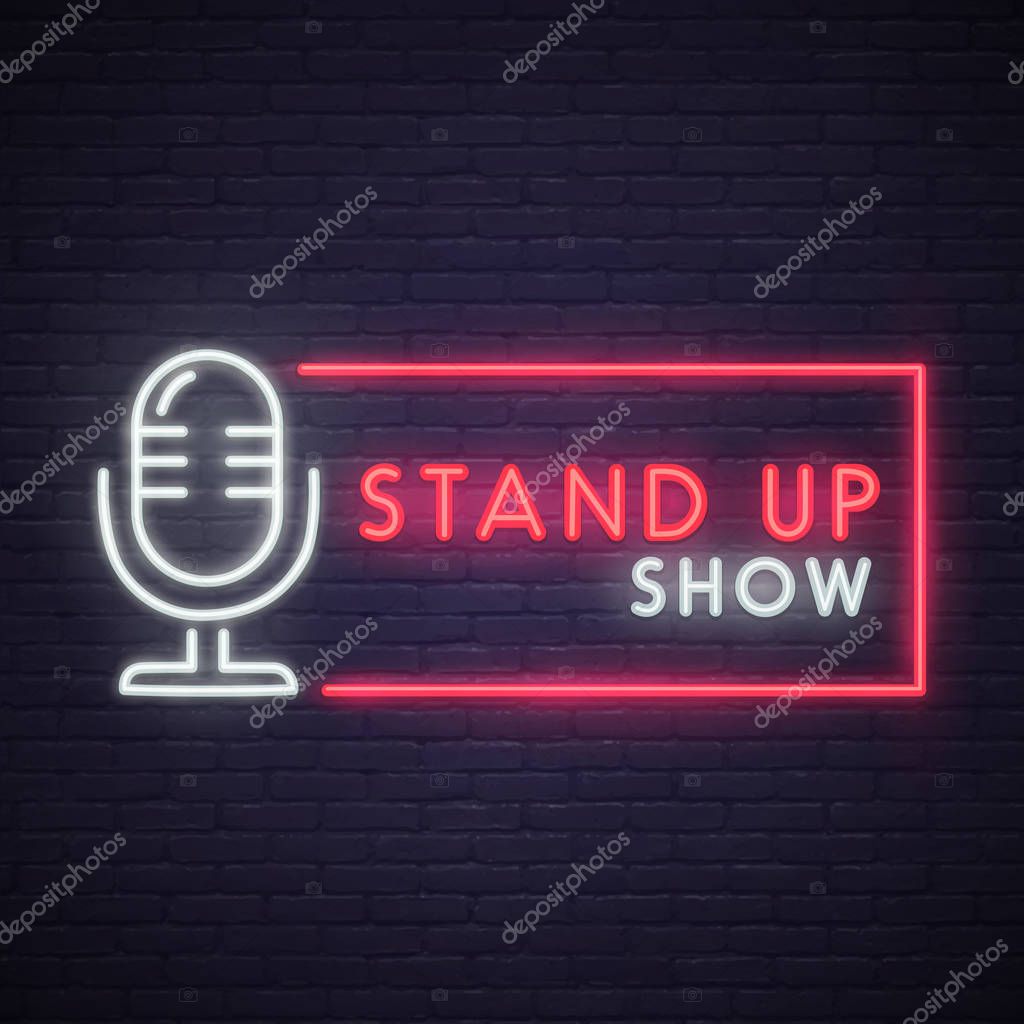 Stand Up neon sign. Neon sign, bright signboard, light banner.