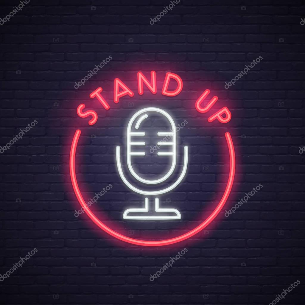 Stand Up neon sign. Neon sign, bright signboard, light banner