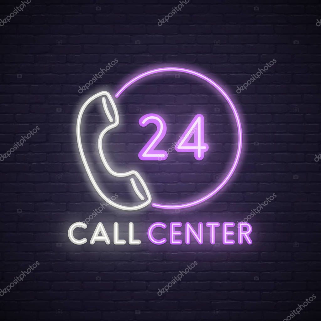 Call center neon sign. Neon sign, bright signboard, light banner.