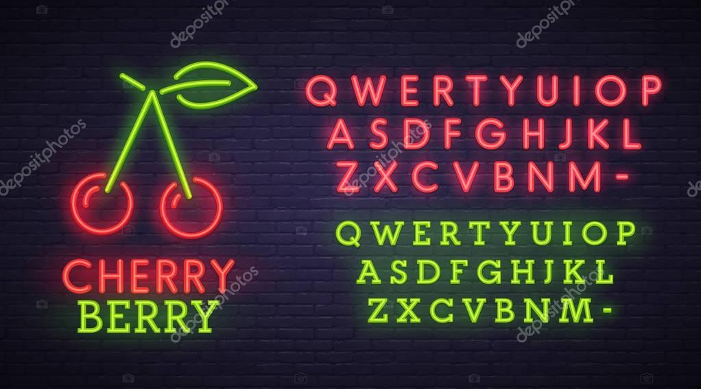 Cherry neon sign, bright signboard, light banner. Berry logo, emblem. Neon sign creator. Neon text edit.