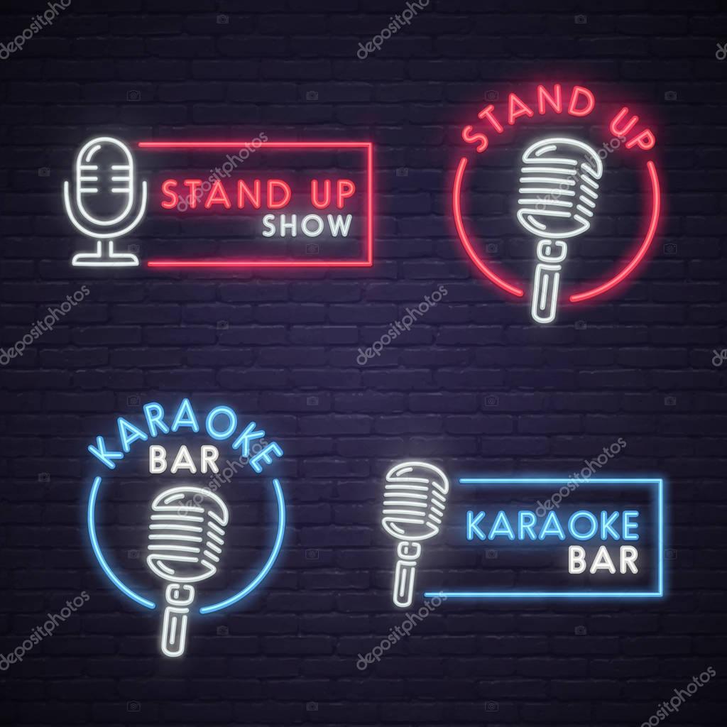 Stand Up and Karaoke bar neon sign. Neon sign, bright signboard, light banner