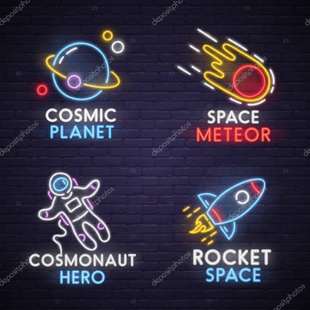 Cosmic neon sign, bright signboard, light banner. Space logo, emblem.