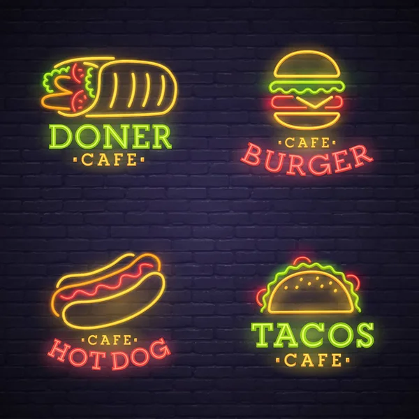 Fast food neon sign. Neon sign, bright signboard, light banner — Stock Vector