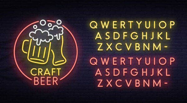 Beer neon sign, bright signboard, light banner. Logo, emblem. Neon sign creator. Neon text edit