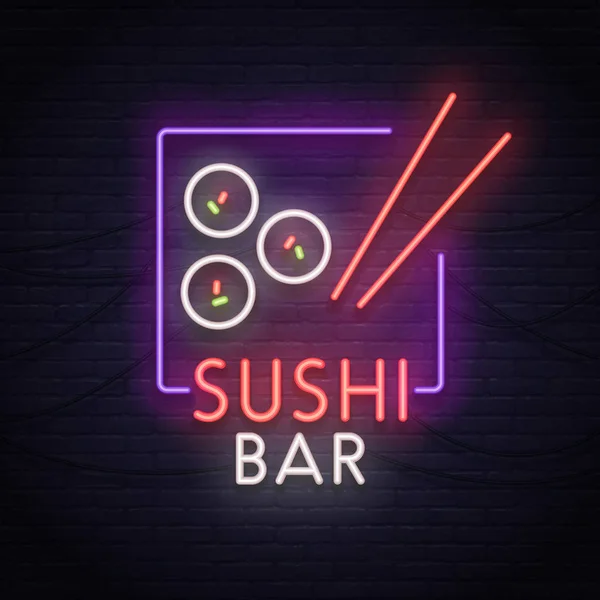 Segno di sushi bar, insegna luminosa, striscione luminoso. Logo Sushi, emblema — Vettoriale Stock
