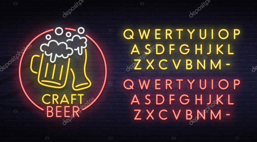 Beer neon sign, bright signboard, light banner. Logo, emblem. Neon sign creator. Neon text edit