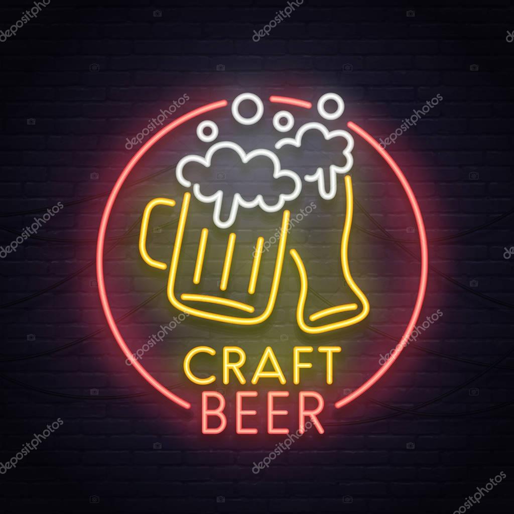 Beer neon sign, bright signboard, light banner. Beer logo, emblem