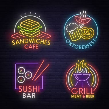 Neon işareti Tema yiyecek ve içecek ayarlayın. parlak tabela, ışık afiş. Gıda logo, amblem. 