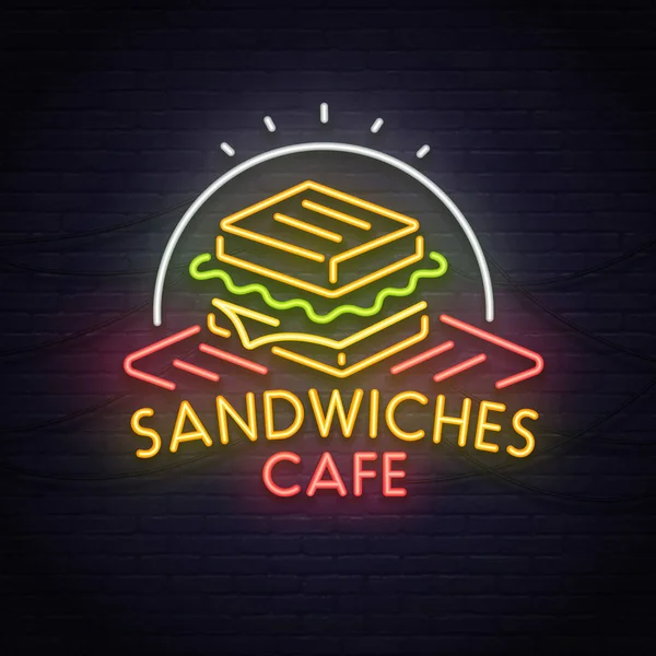 Sinal de neon sanduíche, tabuleta brilhante, banner de luz. Logo, emblema —  Vetores de Stock