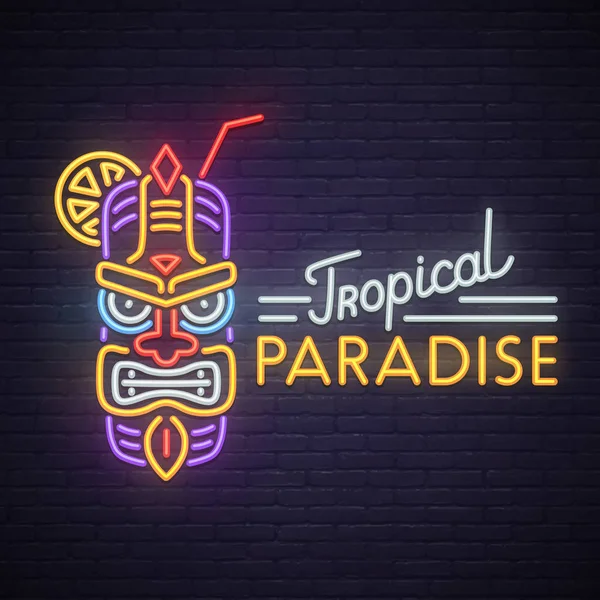 Trópusi Tiki maszkot Neonfény. Neonreklám, fényes jelzőtábla, könnyű banner. — Stock Vector