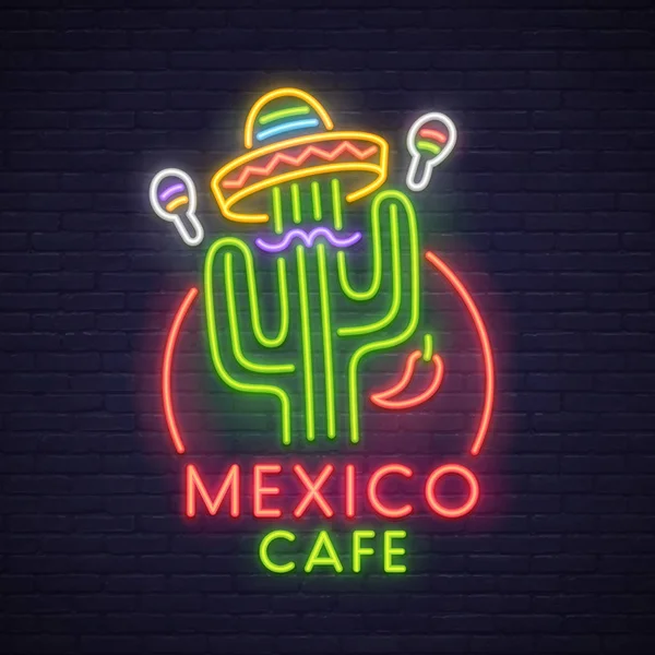 Mexico cafe neon sign. Neon sign, bright signboard, light banner. — Stock Vector